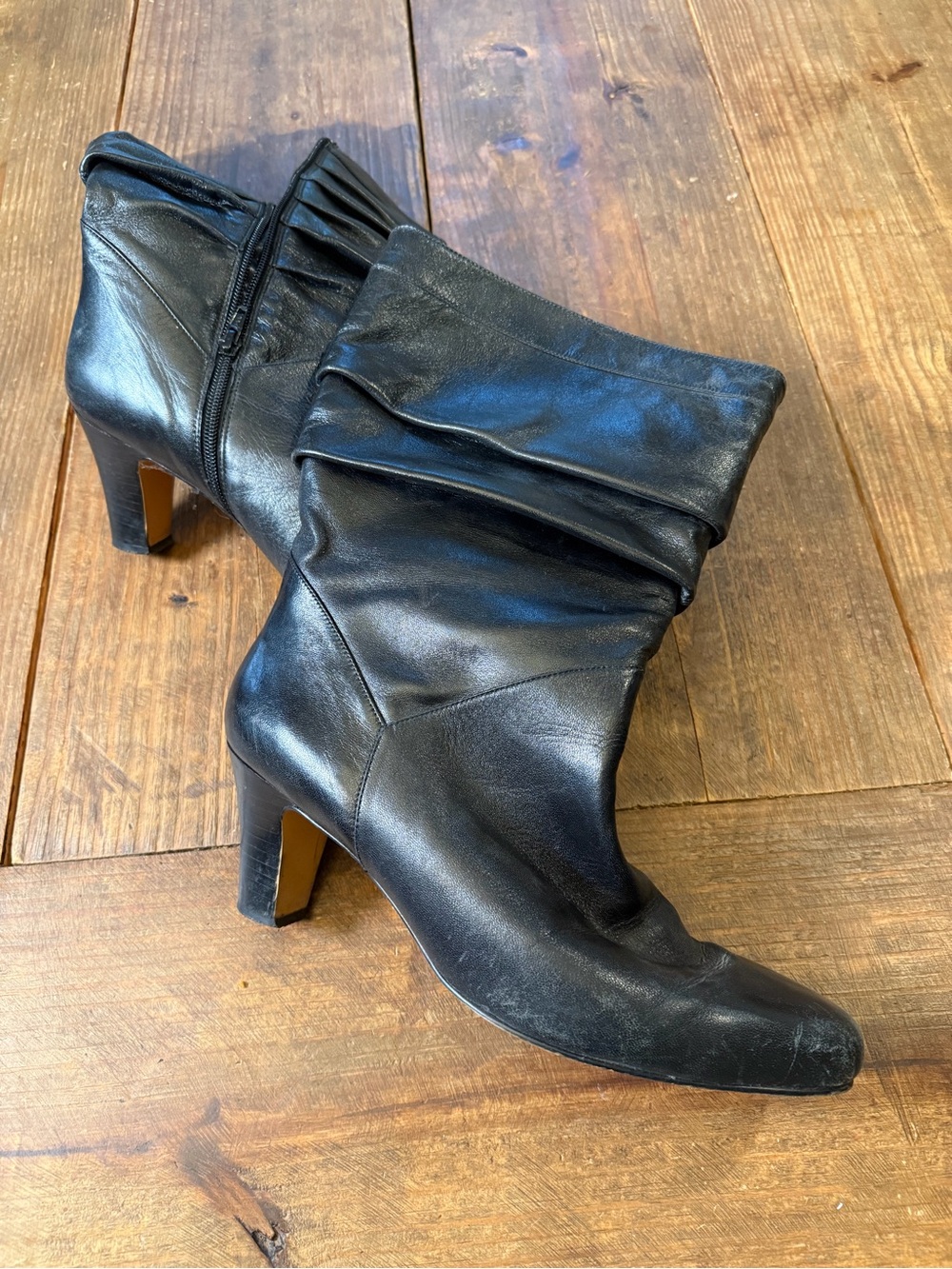 Ruche-Detail Black Leather Mid-Heel Ankle Boots